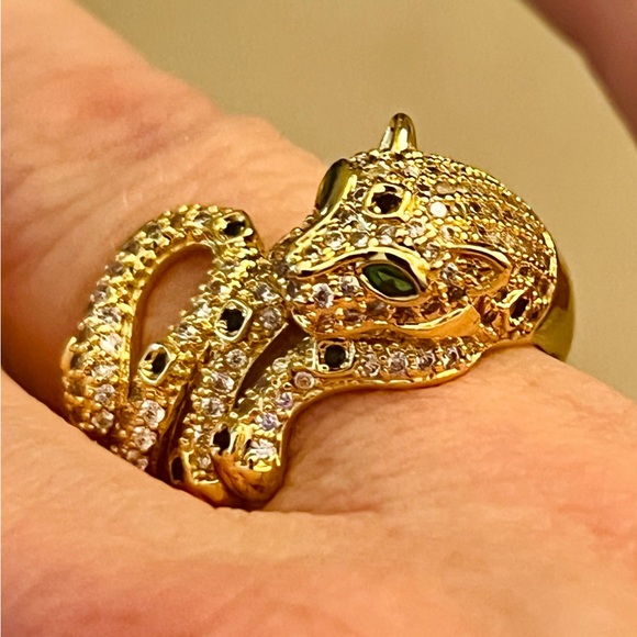 Leopard Gold Plated Emerald Crystal Eyes & Pave Cubic Zirconia Ring | Sz. 7.5 - Picture 5 of 10